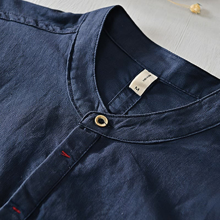 Camisa casual de lino y algodón de manga corta con diseño sencillo y medio botón para hombre con Buddha Stones