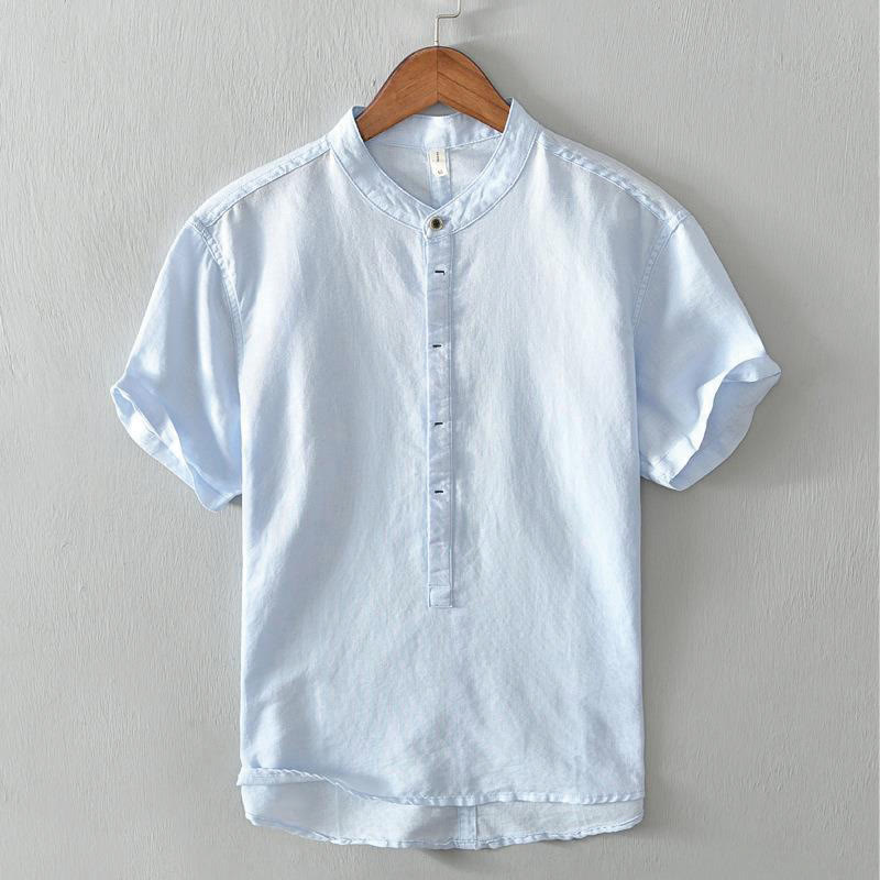 Camisa casual de lino y algodón de manga corta con diseño sencillo y medio botón para hombre con Buddha Stones - Azul cielo claro - US/UK/AU42, UE52 (4XL) - image 9