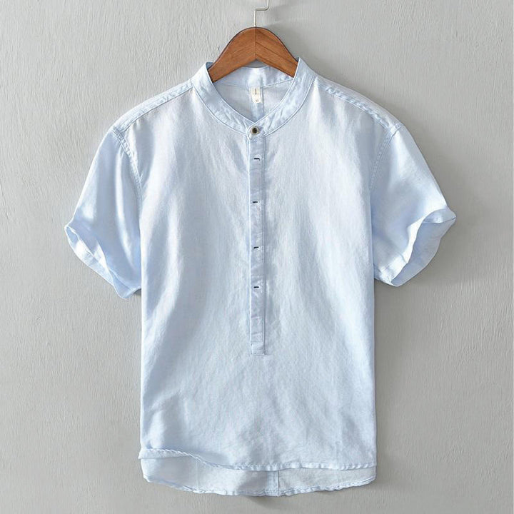 Camisa casual de lino y algodón de manga corta con diseño sencillo y medio botón para hombre con Buddha Stones - Azul cielo claro - US/UK/AU42, UE52 (4XL) - image 9