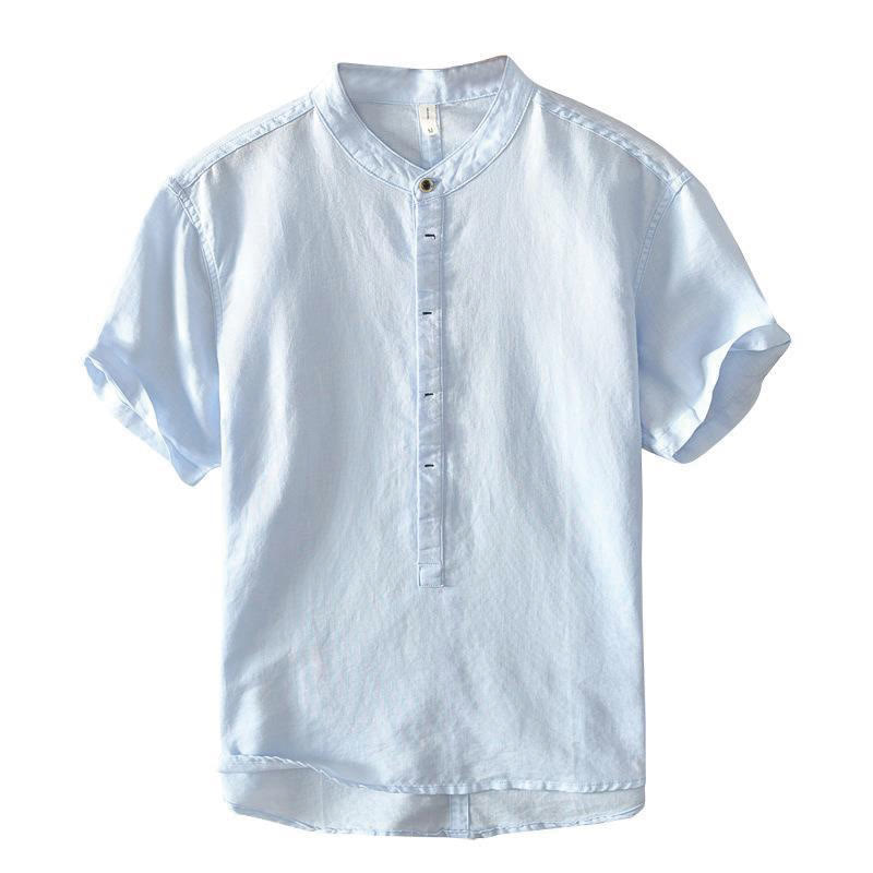 Camisa casual de lino y algodón de manga corta con diseño sencillo y medio botón para hombre con Buddha Stones