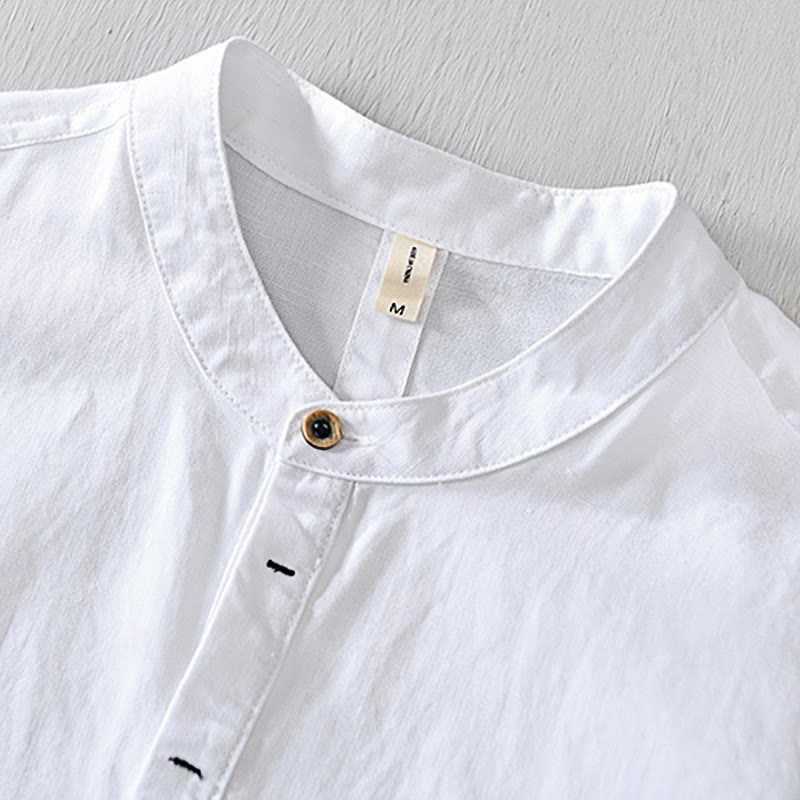 Camisa casual de lino y algodón de manga corta con diseño sencillo y medio botón para hombre con Buddha Stones