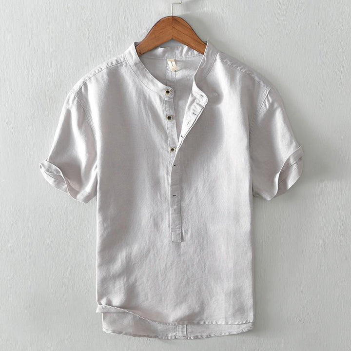 Camisa casual de lino y algodón de manga corta con diseño sencillo y medio botón para hombre con Buddha Stones