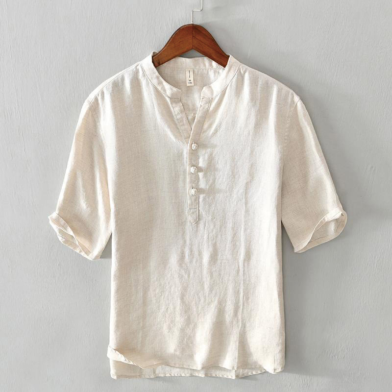 Camisa de lino con cuello alto, media manga y botones para hombre, color liso, Buddha Stones Daily - Amarillo claro - US/UK/AU42, EU52 (3XL) - image 1