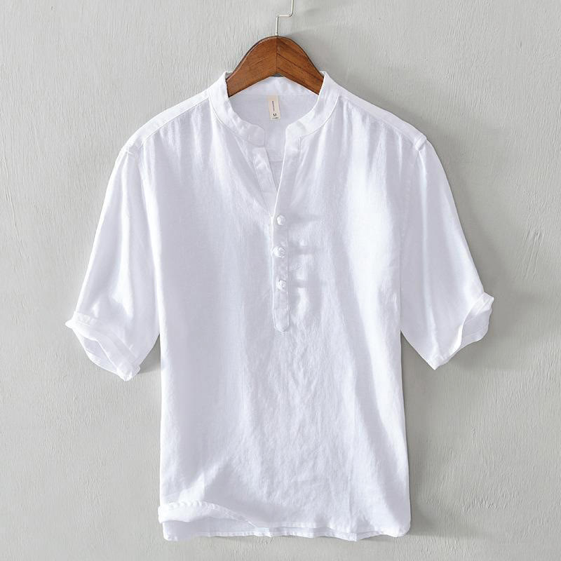 Camisa de lino con cuello alto, media manga y botones para hombre, color liso, Buddha Stones Daily - Blanco - US/UK/AU42, EU52 (3XL) - image 6