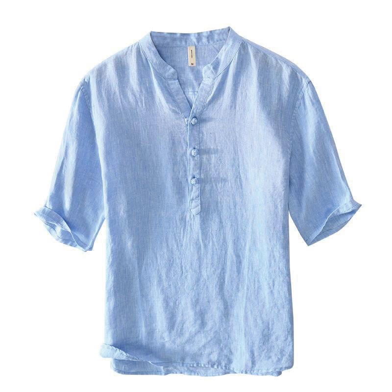 Camisa de lino con cuello alto, media manga y botones para hombre, color liso, Buddha Stones Daily - image 13