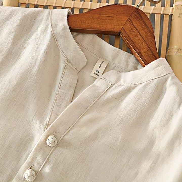 Camisa de lino con cuello alto, media manga y botones para hombre, color liso, Buddha Stones Daily - image 2