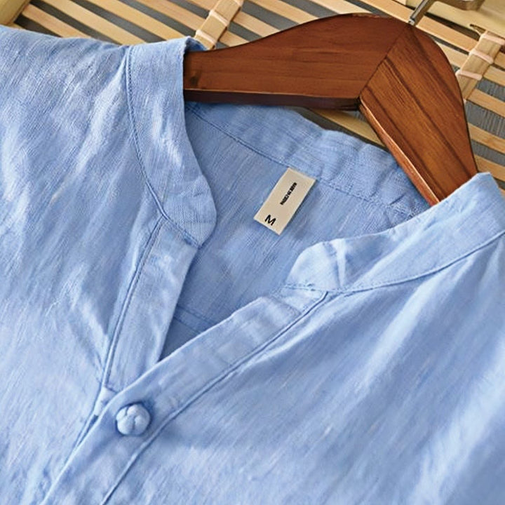 Camisa de lino con cuello alto, media manga y botones para hombre, color liso, Buddha Stones Daily - image 14