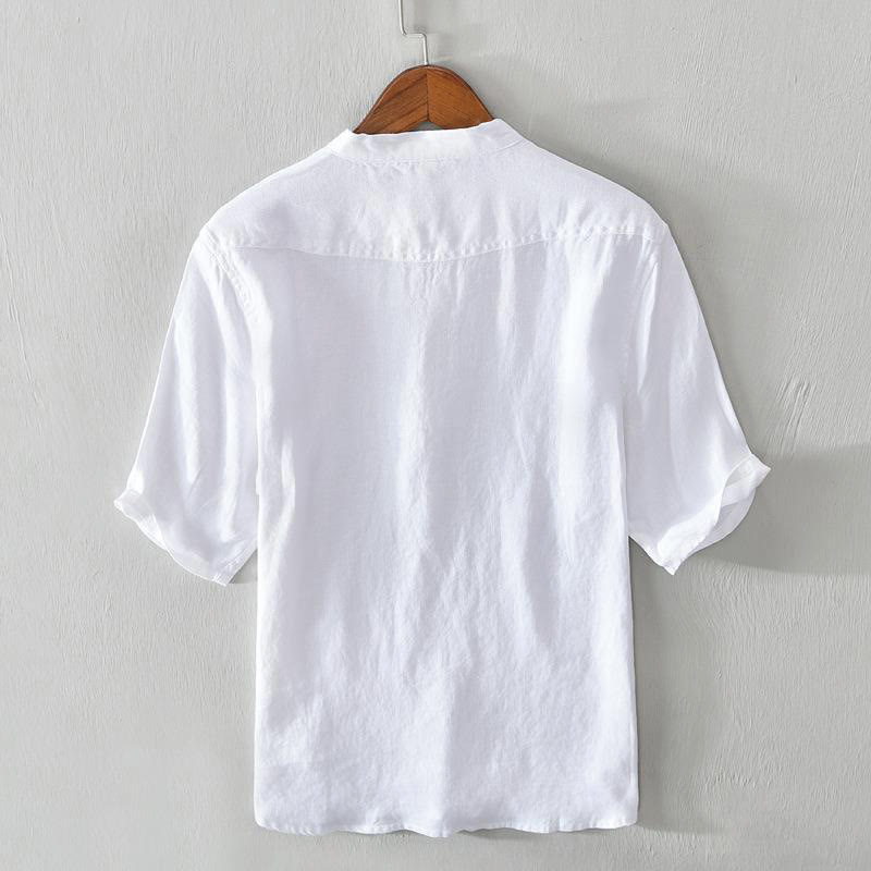 Camisa de lino con cuello alto, media manga y botones para hombre, color liso, Buddha Stones Daily - image 7