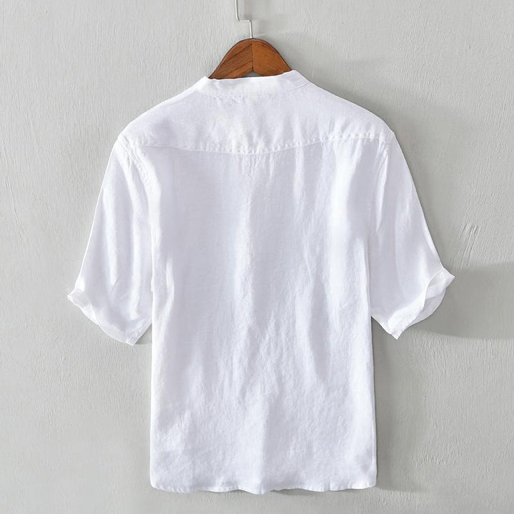 Camisa de lino con cuello alto, media manga y botones para hombre, color liso, Buddha Stones Daily - image 7