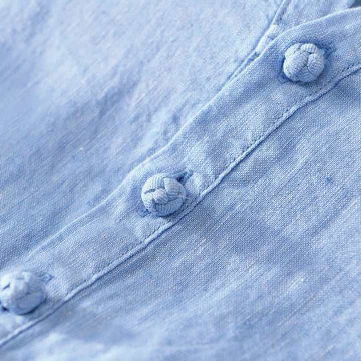 Camisa de lino con cuello alto, media manga y botones para hombre, color liso, Buddha Stones Daily - image 16