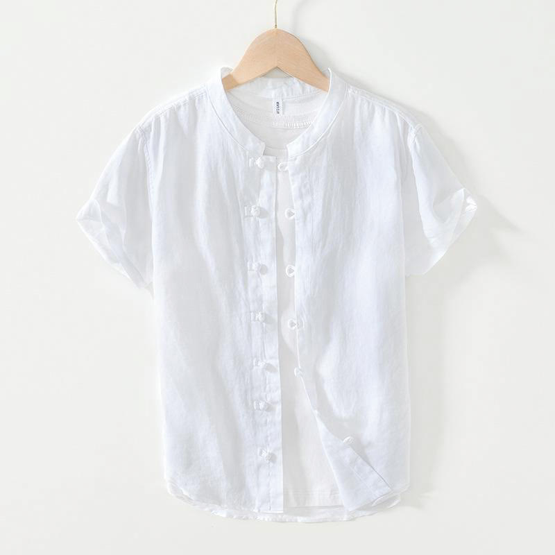 Camisa de lino de manga corta con cuello alto y botones de rana para hombre Buddha Stones Daily - Blanco - US/UK/AU42, EU52 (3XL) - image 7