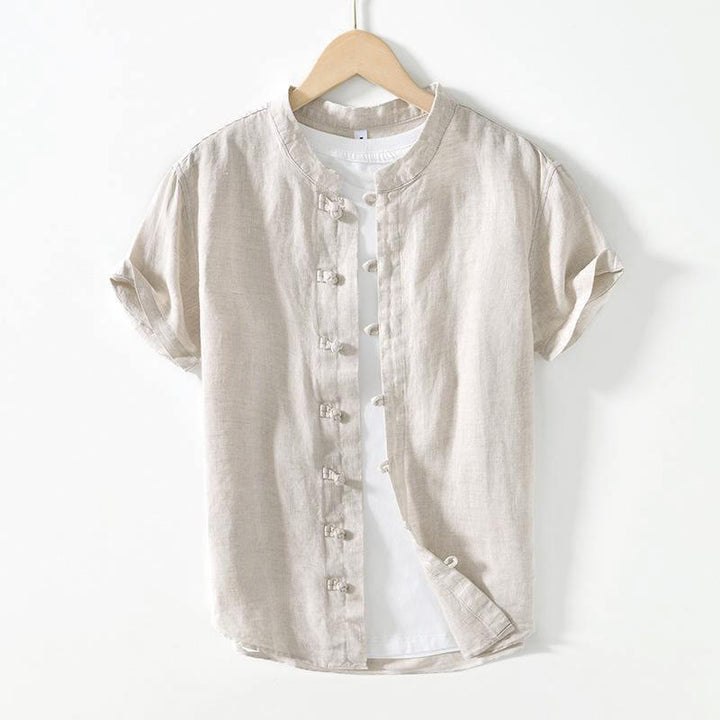 Camisa de lino de manga corta con cuello alto y botones de rana para hombre Buddha Stones Daily - Gris claro - US/UK/AU42, EU52 (3XL) - image 13