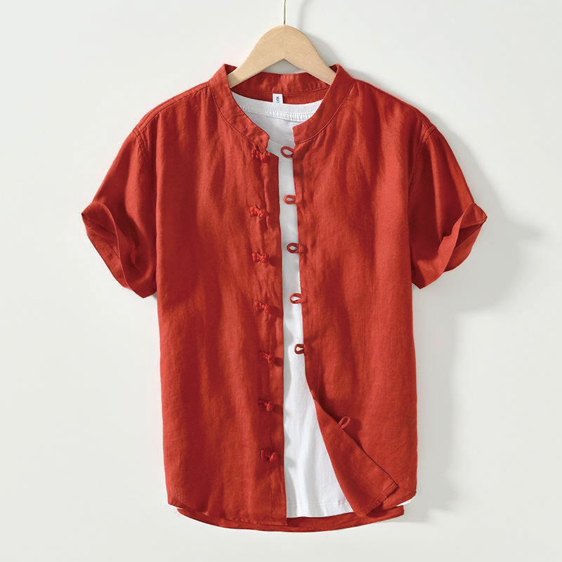 Camisa de lino de manga corta con cuello alto y botones de rana para hombre Buddha Stones Daily - Rojo - US/UK/AU42, EU52 (3XL) - image 24