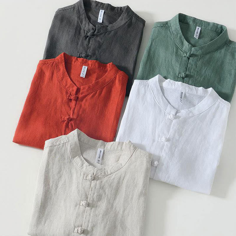 Camisa de lino de manga corta con cuello alto y botones de rana para hombre Buddha Stones Daily - image 29