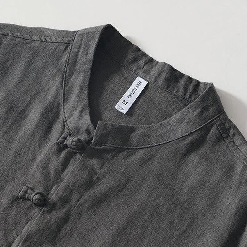 Camisa de lino de manga corta con cuello alto y botones de rana para hombre Buddha Stones Daily - image 3