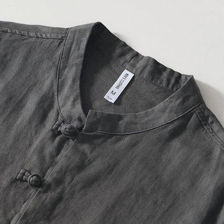 Camisa de lino de manga corta con cuello alto y botones de rana para hombre Buddha Stones Daily - image 3