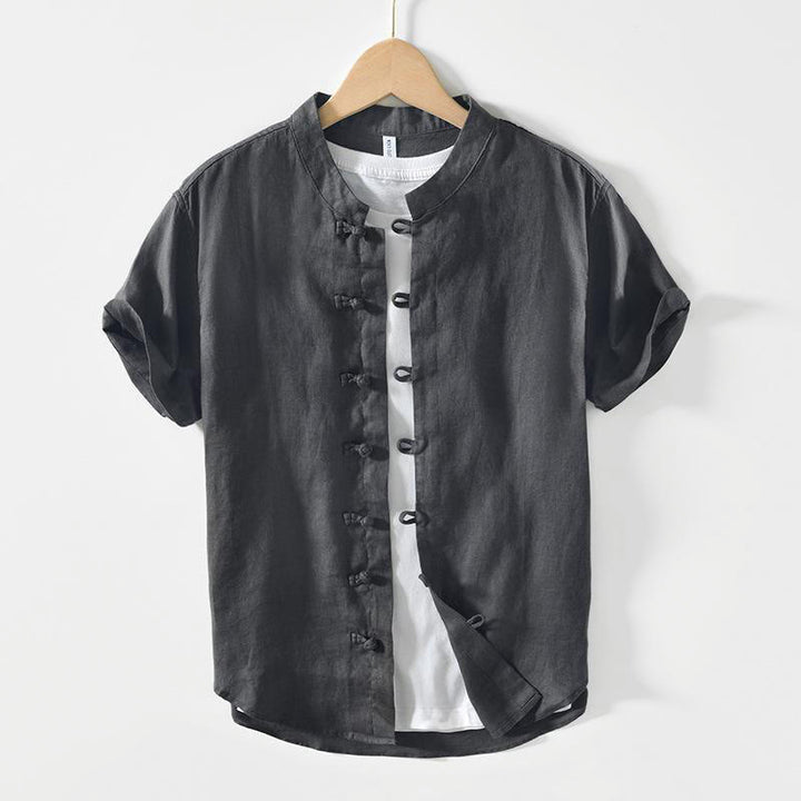 Camisa de lino de manga corta con cuello alto y botones de rana para hombre Buddha Stones Daily - Gris tenue - US/UK/AU42, EU52 (3XL) - image 0