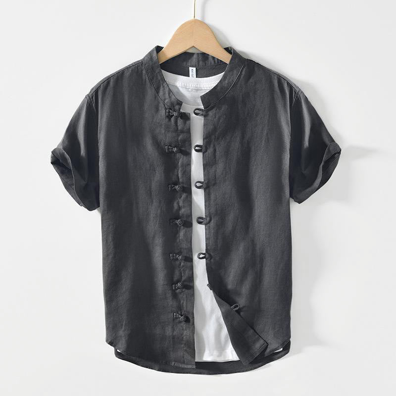 Camisa de lino de manga corta con cuello alto y botones de rana para hombre Buddha Stones Daily - Gris oscuro - US/UK/AU42, EU52 (3XL) - image 0