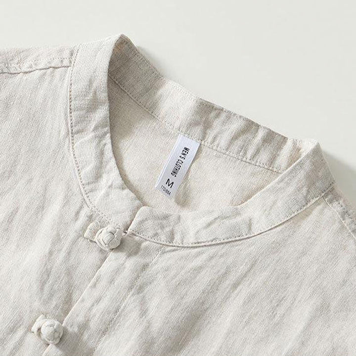 Camisa de lino de manga corta con cuello alto y botones de rana para hombre Buddha Stones Daily - image 15