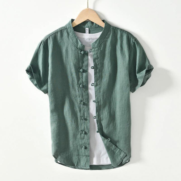 Camisa de lino de manga corta con cuello alto y botones de rana para hombre Buddha Stones Daily - Verde mar medio - US/UK/AU42, EU52 (3XL) - image 19