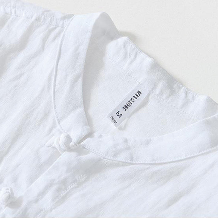 Camisa de lino de manga corta con cuello alto y botones de rana para hombre Buddha Stones Daily - image 7