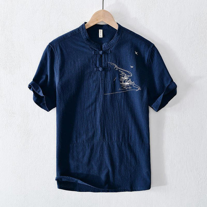 Camisa de hombre de manga corta de algodón y lino con bordado de Buddha Stones y botones de rana, cuello mandarín