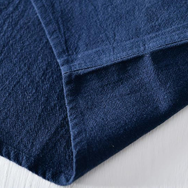 Camisa de hombre de manga corta de algodón y lino con bordado de Buddha Stones y botones de rana, cuello mandarín
