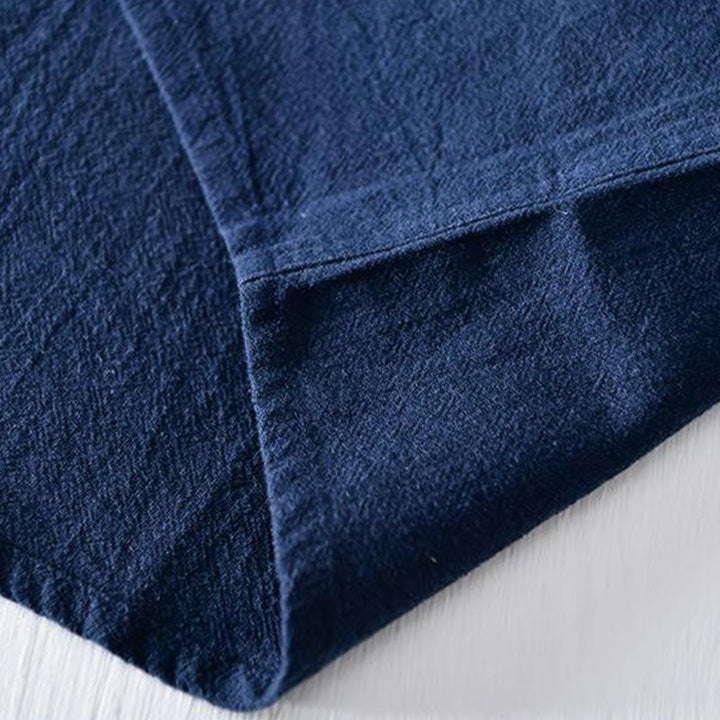 Camisa de hombre de manga corta de algodón y lino con bordado de Buddha Stones y botones de rana, cuello mandarín