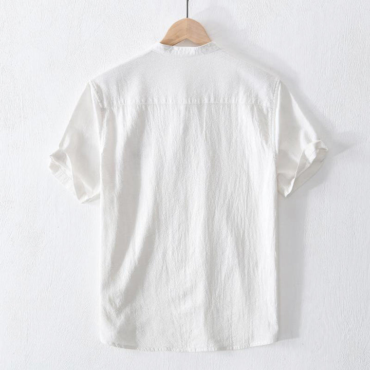 Camisa de hombre de manga corta de algodón y lino con bordado de Buddha Stones y botones de rana, cuello mandarín
