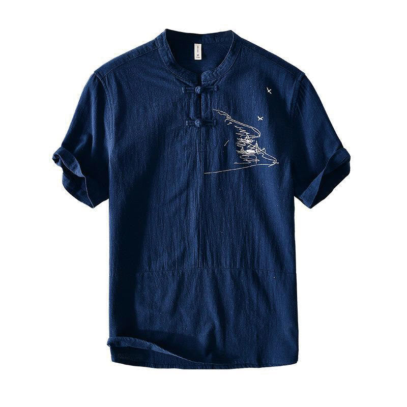 Camisa de hombre de manga corta de algodón y lino con bordado de Buddha Stones y botones de rana, cuello mandarín