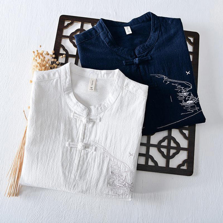 Camisa de hombre de manga corta de algodón y lino con bordado de Buddha Stones y botones de rana, cuello mandarín