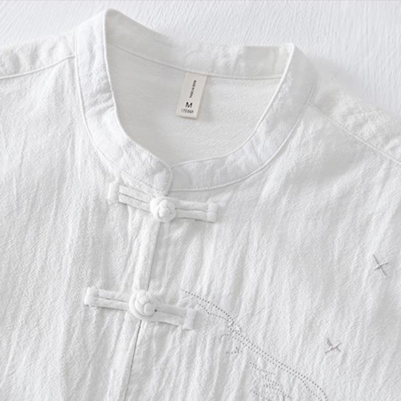 Camisa de hombre de manga corta de algodón y lino con bordado de Buddha Stones y botones de rana, cuello mandarín