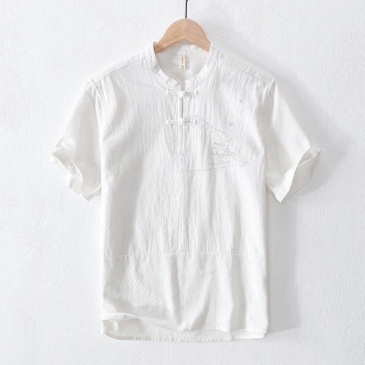 Camisa de hombre de manga corta de algodón y lino con bordado de Buddha Stones y botones de rana, cuello mandarín