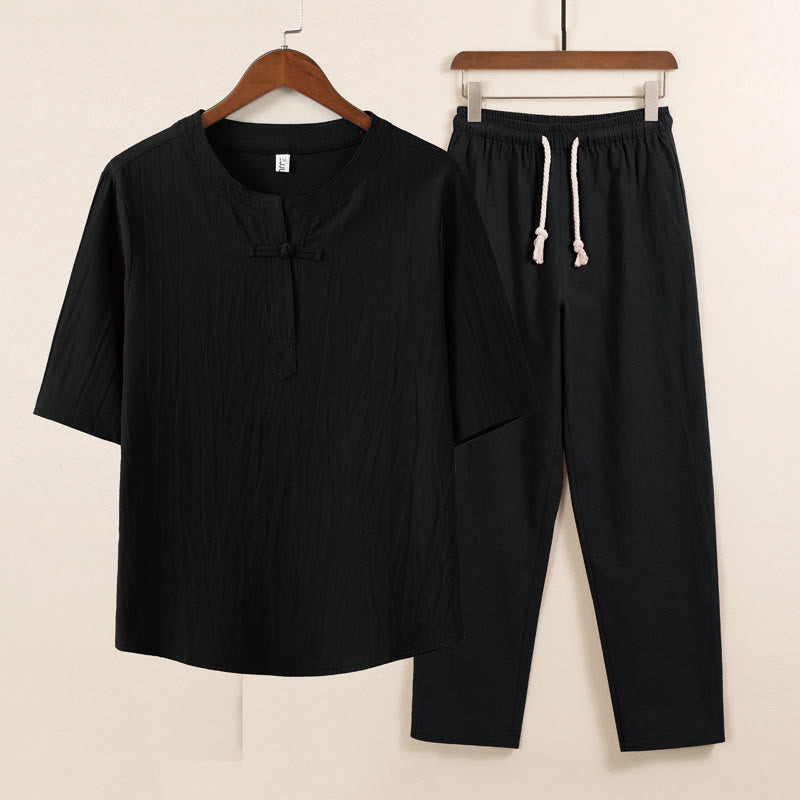 Conjunto de 2 piezas de ropa de meditación para hombre con diseño simple de Buddha Stones, camisa china con botones de rana, cordón ajustable y pantalones anchos con bolsillos. - Camisa negra, pantalón negro - US/UK/AU46, EU56 (5XL) - image 2