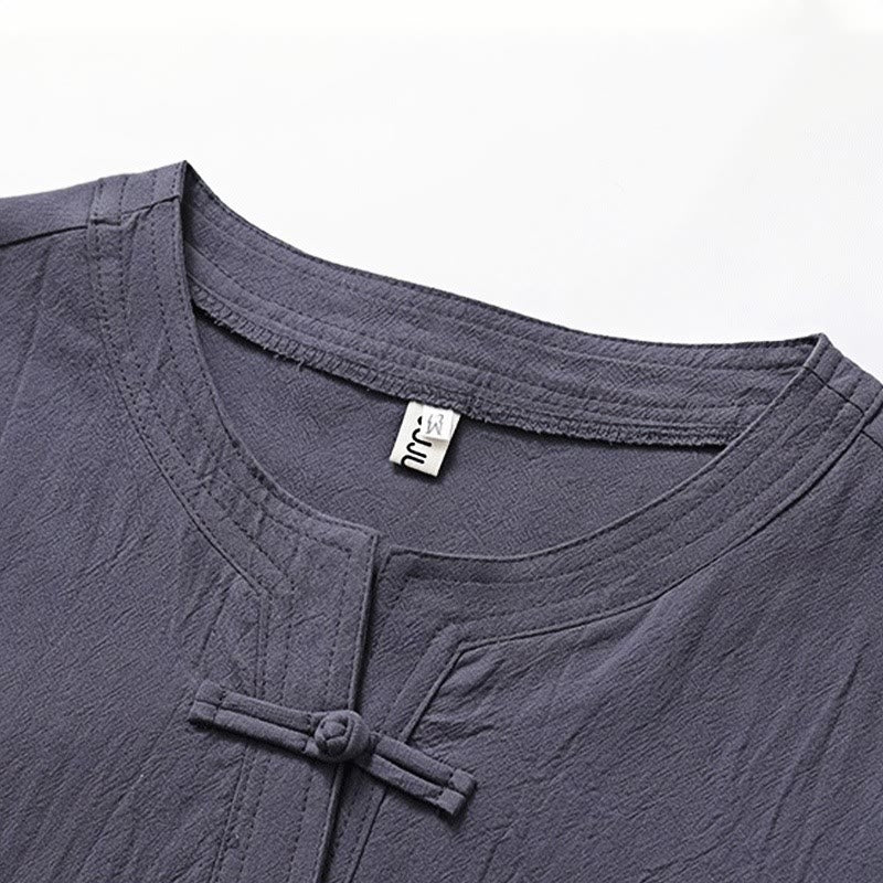 Conjunto de 2 piezas de ropa de meditación para hombre con diseño simple de Buddha Stones, camisa china con botones de rana, cordón ajustable y pantalones anchos con bolsillos. - image 9