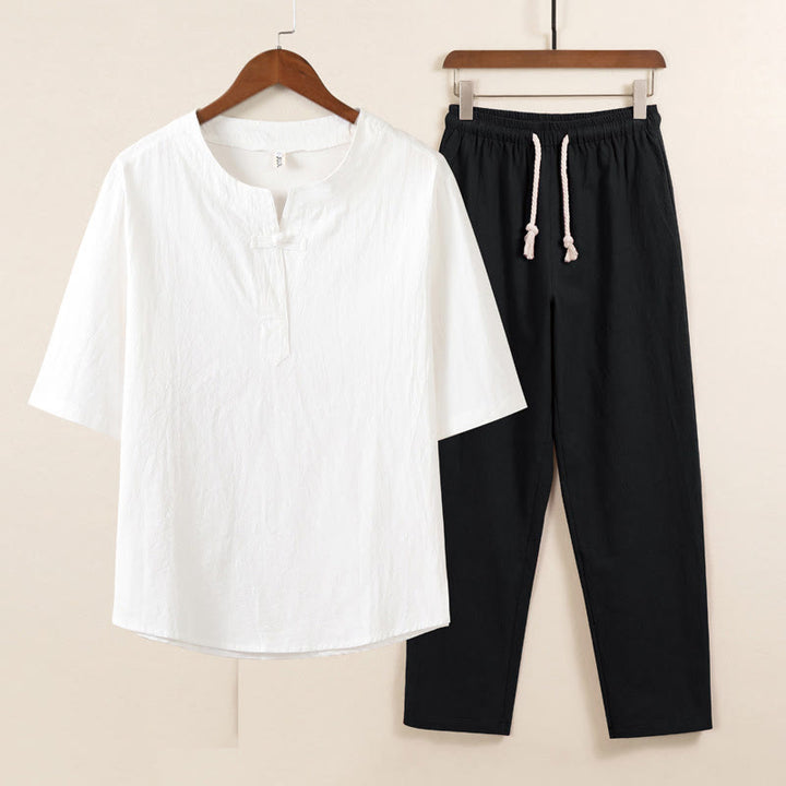 Conjunto de 2 piezas de ropa de meditación para hombre con diseño simple de Buddha Stones, camisa china con botones de rana, cordón ajustable y pantalones anchos con bolsillos. - Camisa blanca pantalón negro - US/UK/AU46, EU56 (5XL) - image 3