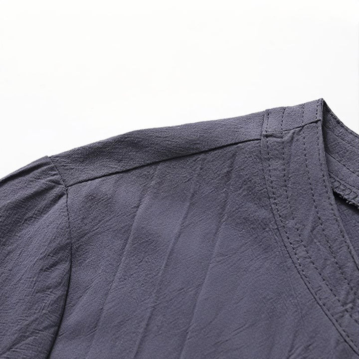 Conjunto de 2 piezas de ropa de meditación para hombre con diseño simple de Buddha Stones, camisa china con botones de rana, cordón ajustable y pantalones anchos con bolsillos. - image 12