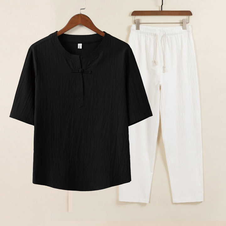 Conjunto de 2 piezas de ropa de meditación para hombre con diseño simple de Buddha Stones, camisa china con botones de rana, cordón ajustable y pantalones anchos con bolsillos. - Camisa negra pantalón blanco - US/UK/AU46, EU56 (5XL) - image 4