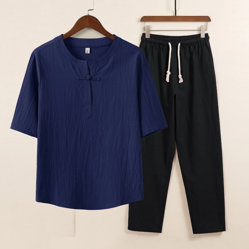 Conjunto de 2 piezas de ropa de meditación para hombre con diseño simple de Buddha Stones, camisa china con botones de rana, cordón ajustable y pantalones anchos con bolsillos. - Camisa azul pantalón negro - US/UK/AU46, EU56 (5XL) - image 6