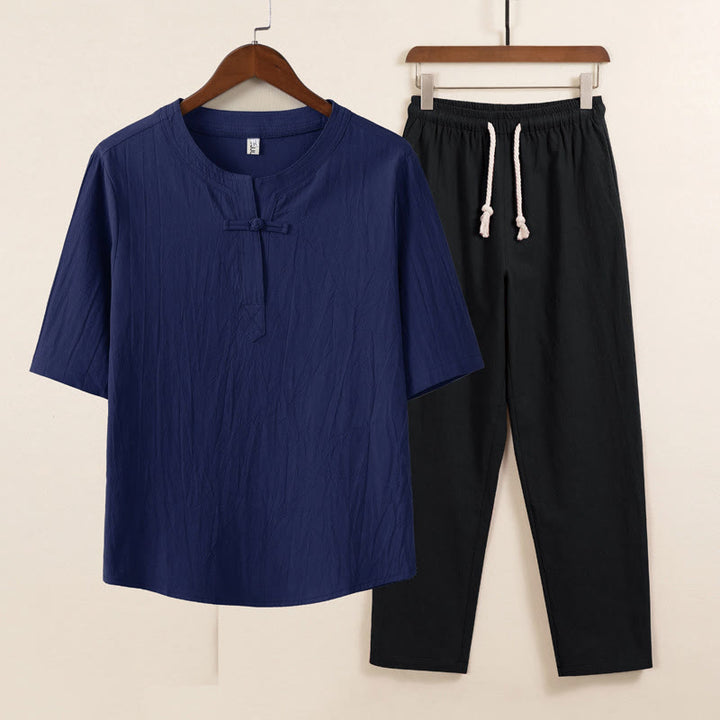 Conjunto de 2 piezas de ropa de meditación para hombre con diseño simple de Buddha Stones, camisa china con botones de rana, cordón ajustable y pantalones anchos con bolsillos. - Camisa azul pantalón negro - US/UK/AU46, EU56 (5XL) - image 6