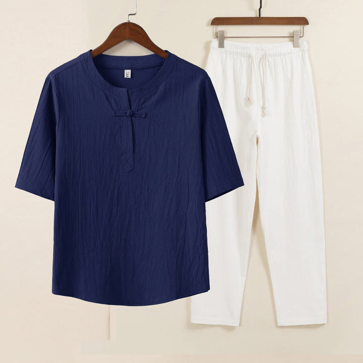 Conjunto de 2 piezas de ropa de meditación para hombre con diseño simple de Buddha Stones, camisa china con botones de rana, cordón ajustable y pantalones anchos con bolsillos. - Camisa azul pantalón blanco - US/UK/AU46, EU56 (5XL) - image 7