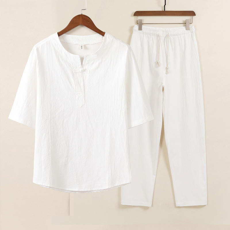 Conjunto de 2 piezas de ropa de meditación para hombre con diseño simple de Buddha Stones, camisa china con botones de rana, cordón ajustable y pantalones anchos con bolsillos. - Camisa blanca Pantalones blancos - US/UK/AU46, EU56 (5XL) - image 1