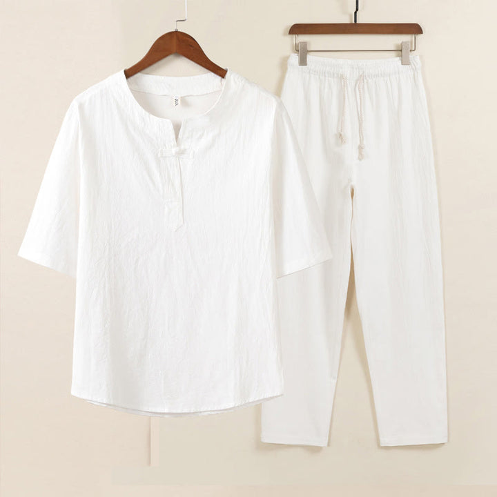 Conjunto de 2 piezas de ropa de meditación para hombre con diseño simple de Buddha Stones, camisa china con botones de rana, cordón ajustable y pantalones anchos con bolsillos. - Camisa blanca Pantalones blancos - US/UK/AU46, EU56 (5XL) - image 1