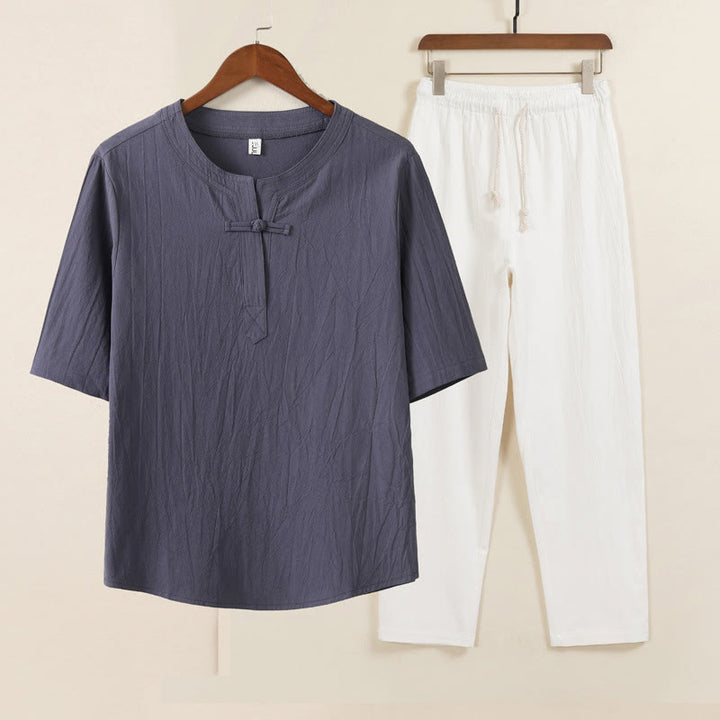 Conjunto de 2 piezas de ropa de meditación para hombre con diseño simple de Buddha Stones, camisa china con botones de rana, cordón ajustable y pantalones anchos con bolsillos. - Camisa gris pantalón blanco - US/UK/AU46, EU56 (5XL) - image 5