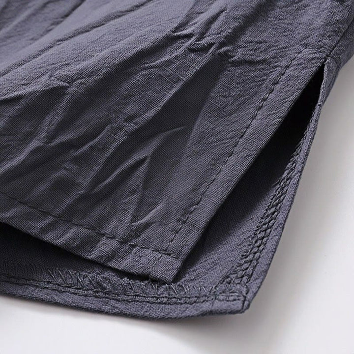 Conjunto de 2 piezas de ropa de meditación para hombre con diseño simple de Buddha Stones, camisa china con botones de rana, cordón ajustable y pantalones anchos con bolsillos. - image 15