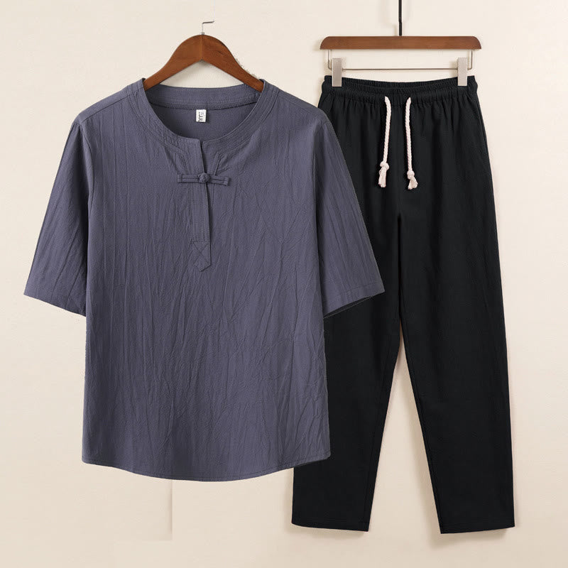 Conjunto de 2 piezas de ropa de meditación para hombre con diseño simple de Buddha Stones, camisa china con botones de rana, cordón ajustable y pantalones anchos con bolsillos. - Camisa gris pantalón negro - US/UK/AU46, EU56 (5XL) - image 0