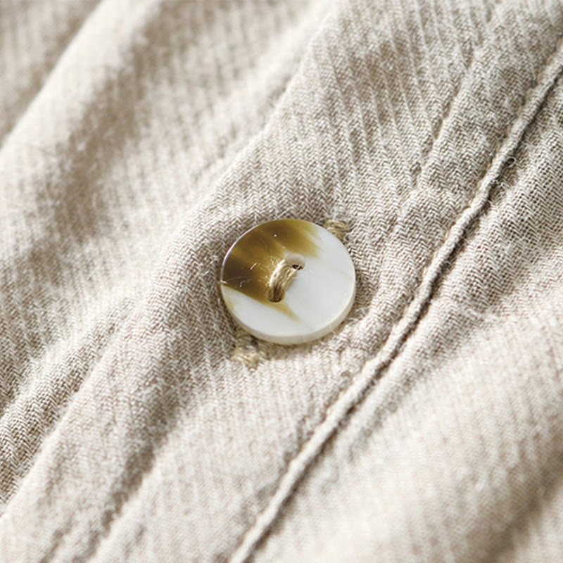 Camisa casual de lino y ramio con solapa lisa y medio botón para hombre con estampado de Buddha Stones