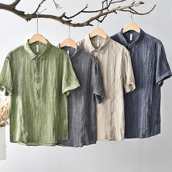 Camisa casual de lino y ramio con solapa lisa y medio botón para hombre con estampado de Buddha Stones