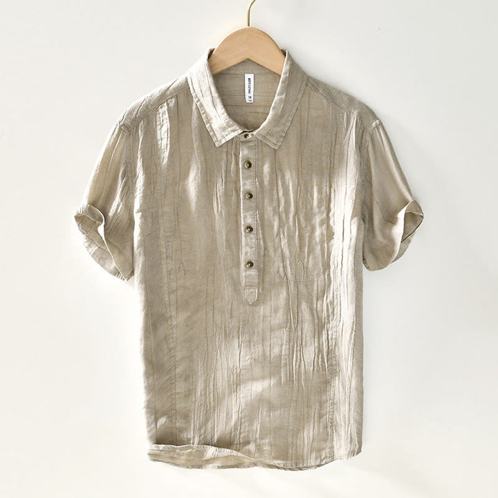 Camisa casual de lino y ramio con solapa lisa y medio botón para hombre con estampado de Buddha Stones