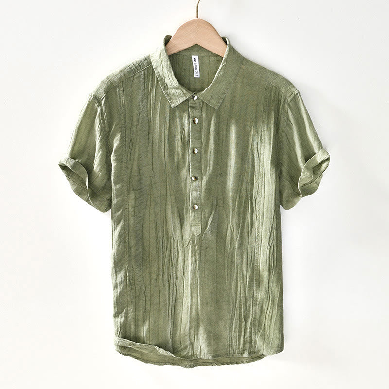Camisa casual de lino y ramio con solapa lisa y medio botón para hombre con estampado de Buddha Stones
